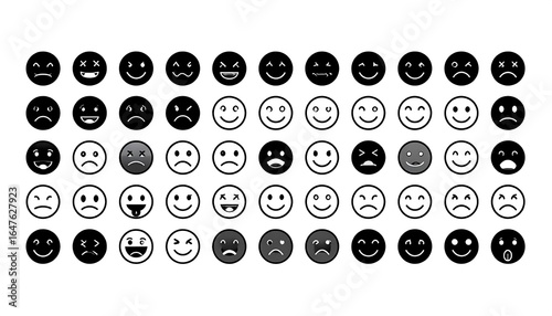 Diverse collection of black and white emoji icons representing various expressions