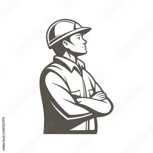 Construction Worker Silhouette: A resolute construction worker, shoulders squared and arms crossed, surveys the horizon, embodying strength and dedication in their profession. 