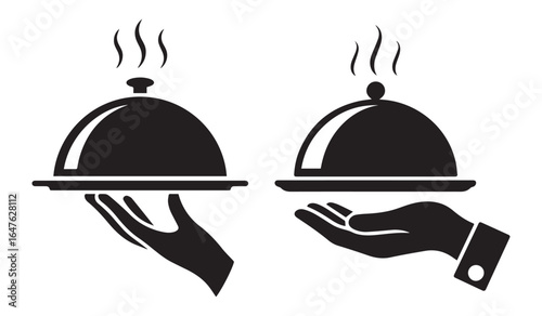 Plate Service: A monochrome illustration showcasing a hand delicately presenting a covered plate, ideal for restaurant, dining or culinary visuals.