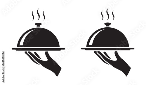 Serving Excellence: An elegant illustration of a hand poised to present a dish with a classic cloche, designed for a food and beverage business.