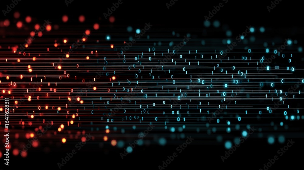 Fototapeta premium Futuristic digital circuit with glowing binary code in neon colors. High-tech concept for AI, cybersecurity and data visualization. Ultra HD vector illustration for tech presentations.