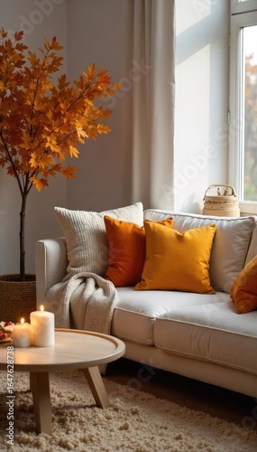 Cozy living room decorated with warm-toned throw pillows, textured blankets, and candles, creating a relaxing and inviting atmosphere Perfect for autumn or winter , rustic, cozy, coffee table