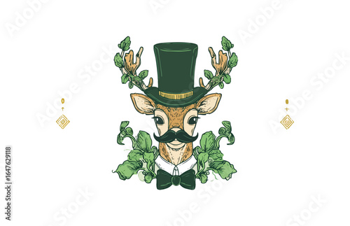Stylized deer with top hat bow tie and mustache illustration