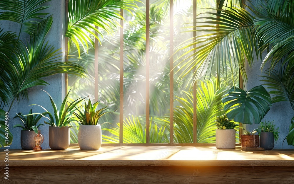 Fototapeta premium Sunlight streams through a window, showcasing a lush, tropical garden. Potted plants line a wooden shelf in front of a light-blue wall