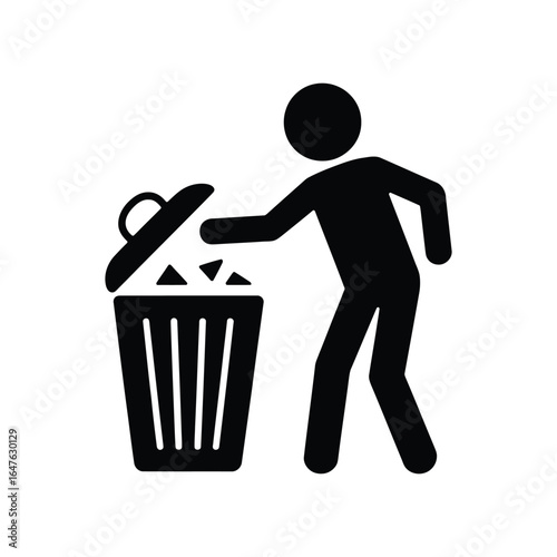 Simple icon of a person discarding waste into a trash can. on white background	
