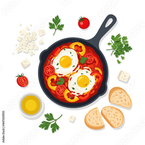 Shakshuka with Eggs, Tomato, Pan, Food, and Breakfast.