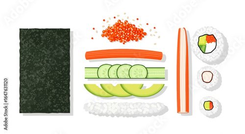 Sushi roll elements on white backdrop.