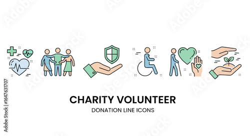 Volunteer icons representing healthcare, community, disability support, and environmental care