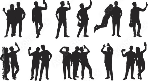 Silhouettes of diverse people taking selfies, group and couple poses with smartphones, isolated on white background, perfect for digital design