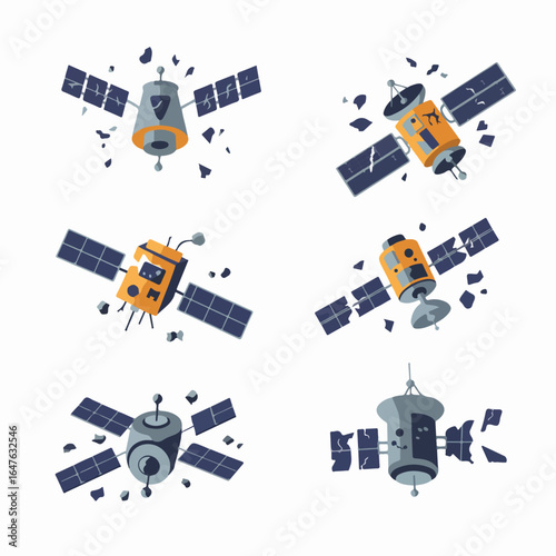 Astronauts and Space Satellite Vector Set. Diverse Characters in Various Poses Illustrating Space Exploration, Research, and Future Technology Concepts.