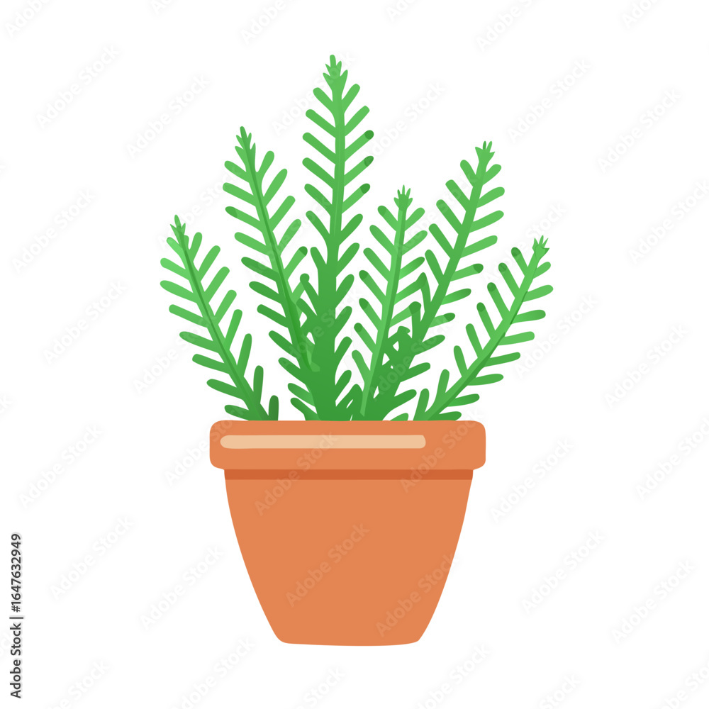 Fototapeta premium Stylized potted plant with green fern-like leaves against a black background