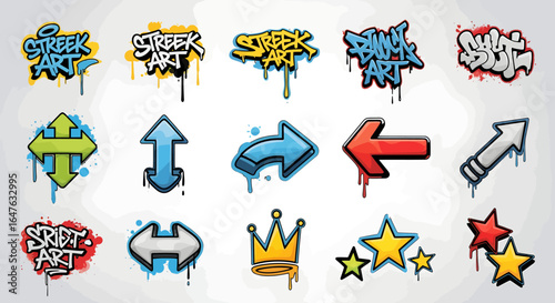 Vibrant street art icons and graphic graffiti elements for urban design with a modern, edgy style