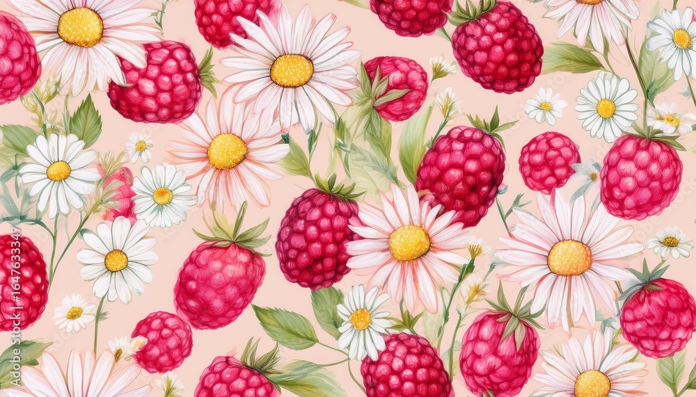 sweet pink lemonade raspberries and daisies seamless pattern watercolor fruit and floral repeat background for summer decor and beverages sweet pink lemonade raspberries and daisies seamless pattern watercolor fruit and floral repeat background for summer decor and beverages