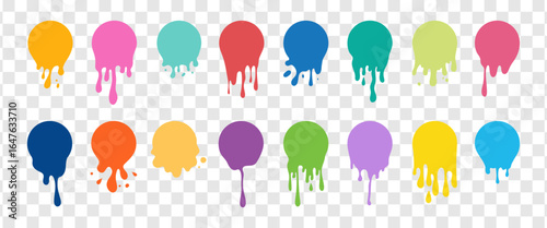 Vector paint splashes with drops, liquid shapes, spots. Multicolored liquid paint. Colored circles with paint drops.