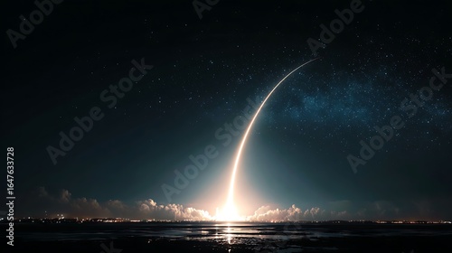 Successful rocket launch rocket launch to the space with dazzling light new space shuttle with a light trail glides into the wonderful starry sky beginning a space mission and.