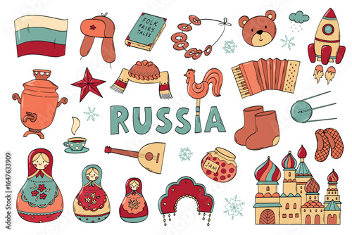 Russia and Russian culture themed doodles, cartoon elements, clipart collection for stickers, prints, social media decor, cards, icons, etc. EPS 10