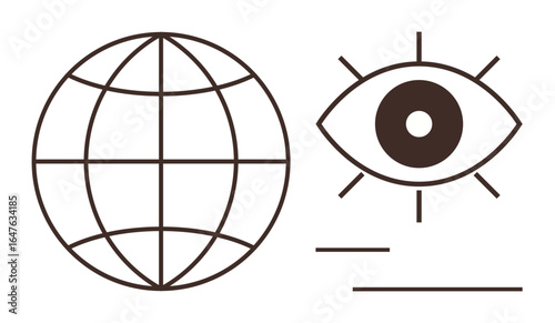 Globe symbolizing global perspective and interconnectedness paired with an eye emitting rays for vision and insight. Ideal for globalization, awareness, visibility, knowledge, monitoring, innovation