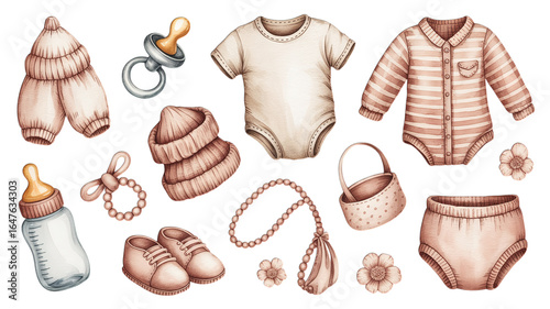 A collection of baby clothes and accessories isolated on a black background