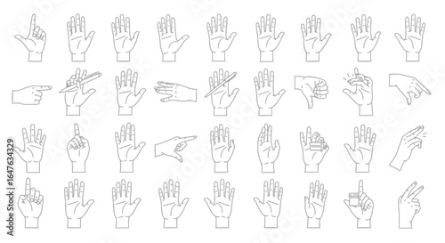 Diverse hand gestures in line art showing communication, expression, and various actions