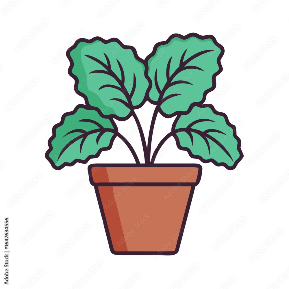 Fototapeta premium Cartoon houseplant in terracotta pot with dark outline and black background.