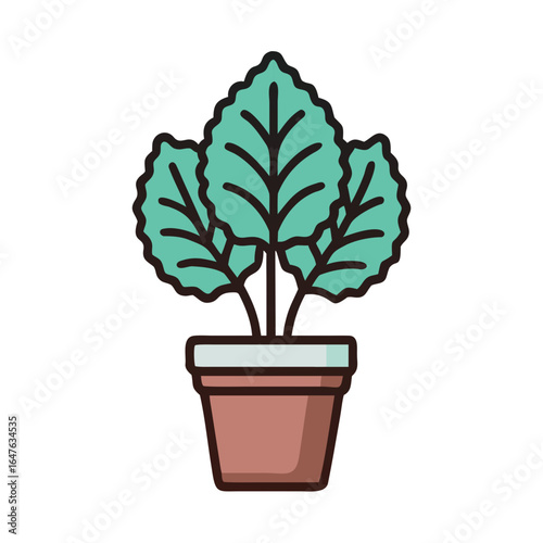 Stylized houseplant illustration with teal leaves in a decorative terracotta pot