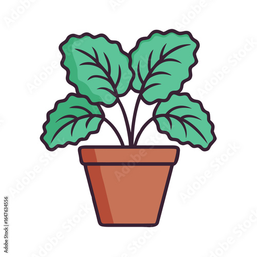 Cartoon houseplant in terracotta pot with dark outline and black background.