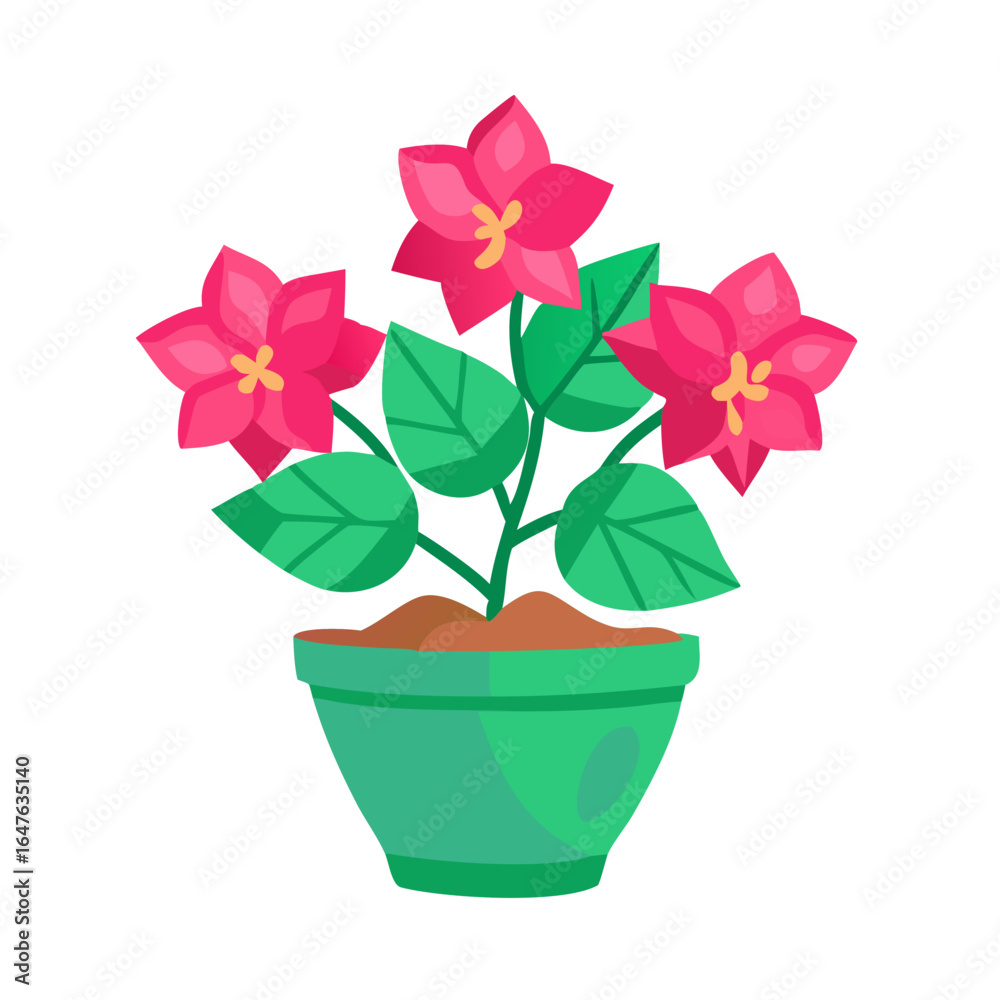 Naklejka premium Stylized pink flowers in green pot illustration on black background for stock use