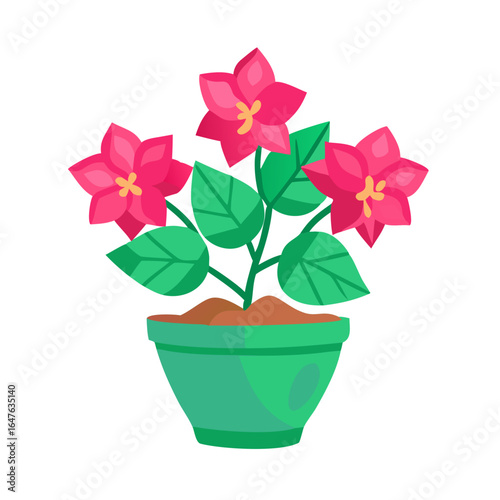 Stylized pink flowers in green pot illustration on black background for stock use