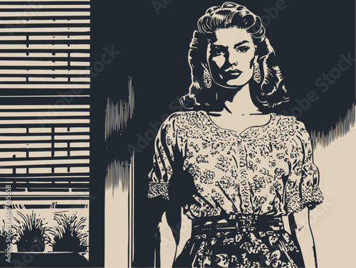 A mysterious woman in a vintage film noir style. A high-contrast, dramatic vector illustration of a character standing by a window with blinds.