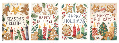 Festive holiday greeting cards featuring gingerbread cookies, candles, and seasonal decorations in warm colors.