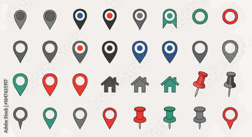 Diverse collection of location pins, house icons, and pushpins for mapping and design projects
