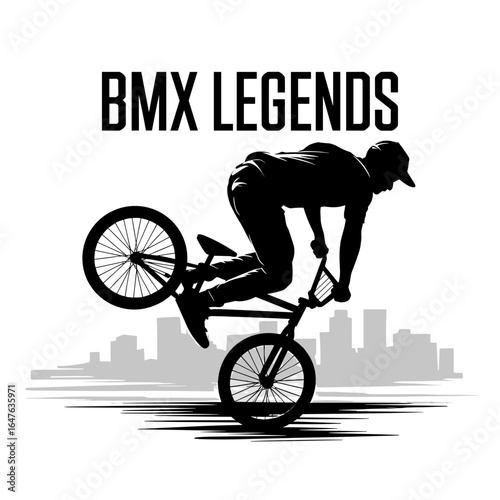 BMX Legends Showcase, Cyclist Performing Tricks, Urban Background, Graphic Design, Dynamic View, Extreme Sports Concept