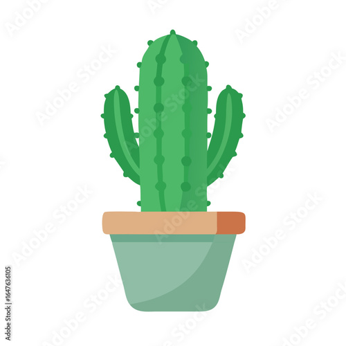 Stylized green cactus in a pot isolated against black background; flat design.