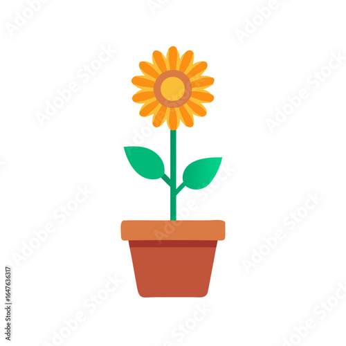 Potted sunflower icon on a black background, stylized illustration of a flower