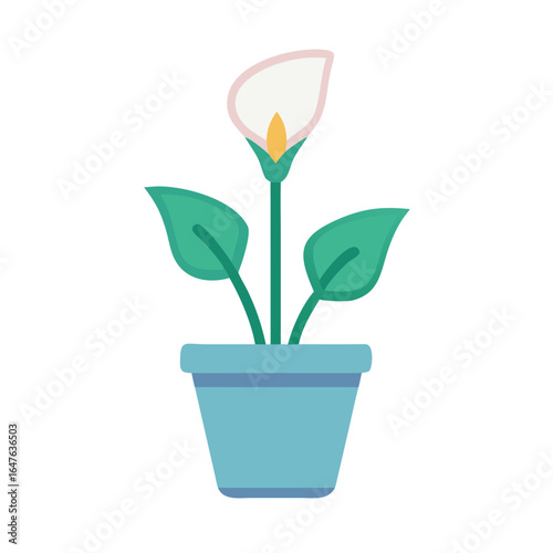 Stylized calla lily plant in blue pot, illustration on black background