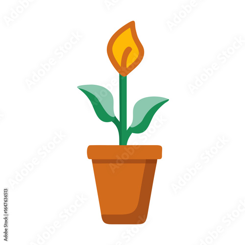 Potted plant with a flame-like flower illustration against black background for graphic usage