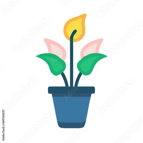 Stylized potted plant illustration with yellow flower, leaves and soft pink blooms