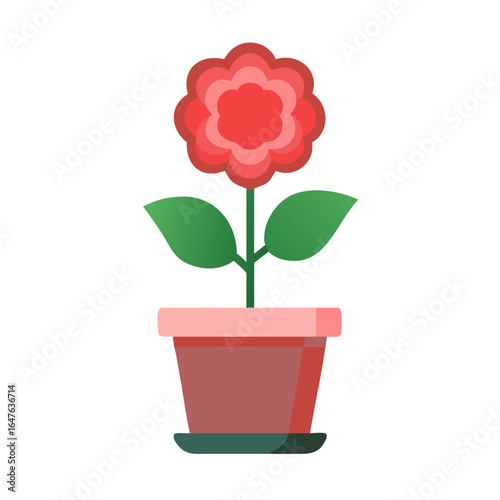 Stylized potted red flower with green leaves and a peach-colored pot