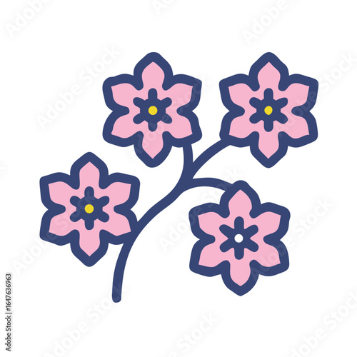 Stylized floral vector illustration of pink forget-me-nots with navy outlines on black