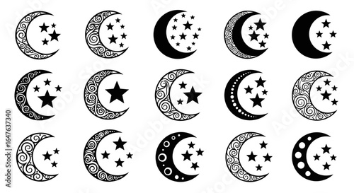 Elegant crescent moon and star designs perfect for invitations, branding, and celestial themes