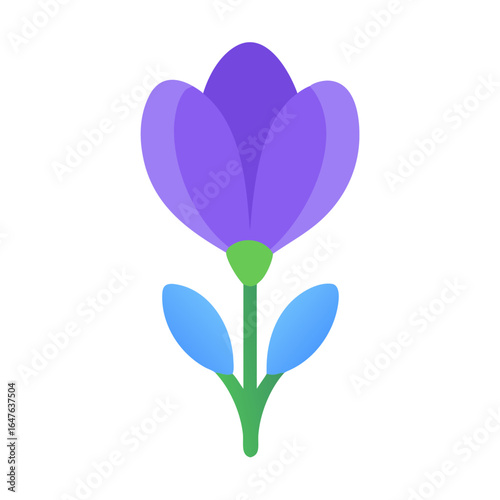 Stylized purple flower with blue leaves and green stem on black background
