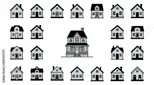 Classic and Modern House Icon Bundle Set with Flat Vector White Background