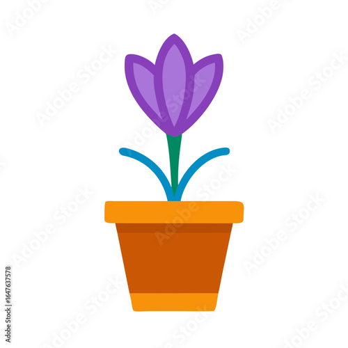Flat vector image of a potted crocus flower on a solid black background.