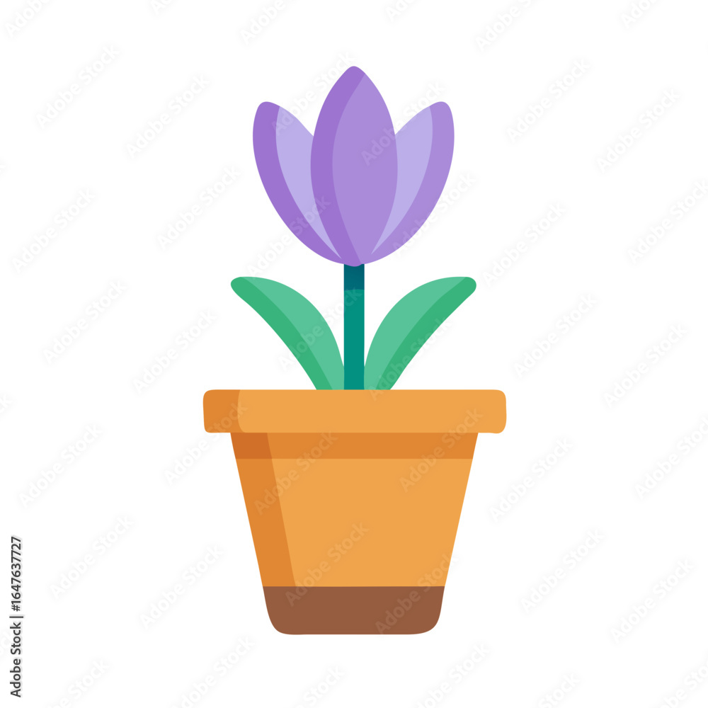 Fototapeta premium Purple flower in an orange pot against a black background, simple graphic