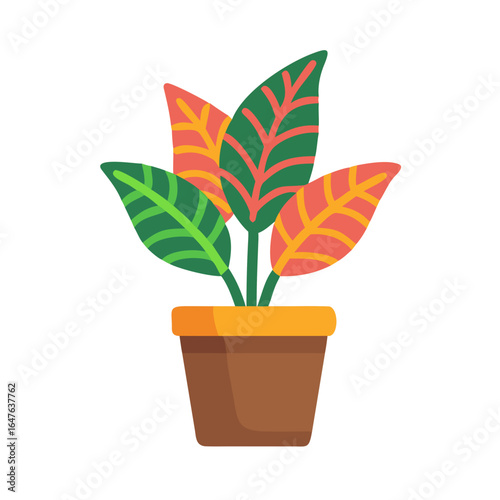 Stylized potted plant with colorful leaves in a brown container on black
