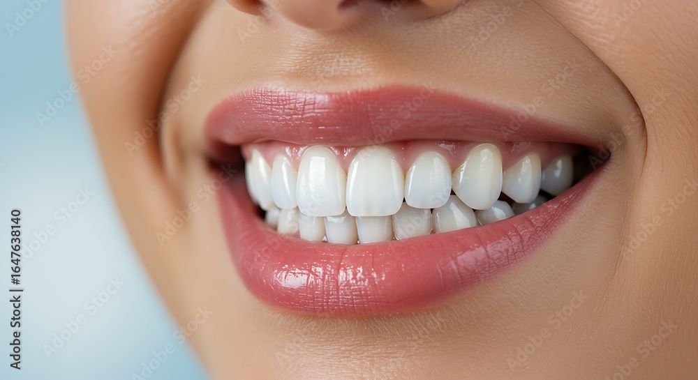 Obraz premium An attractive smile with polished, white teeth, ideal for cosmetic dentistry and teeth whitening ads.