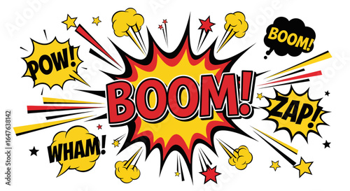 Dynamic comic book explosion with bold BOOM! and action words for vibrant design projects