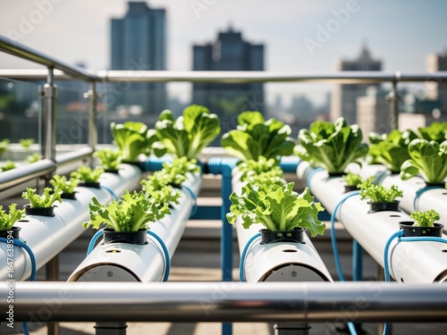Urban Hydroponic Garden on Rooftop with Fresh Green Lettuce Plants