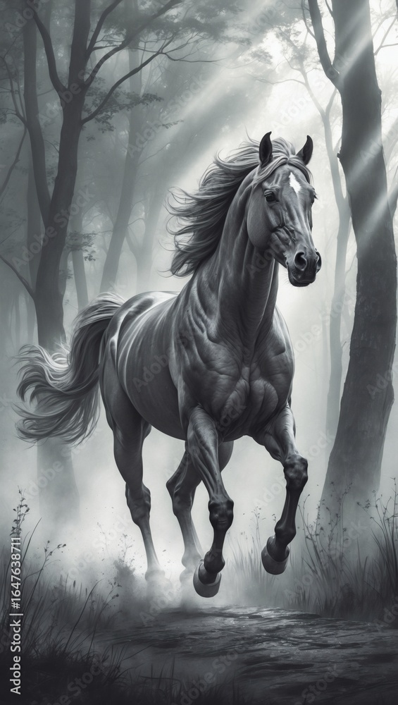 Obraz premium Powerful pencil sketch of a galloping horse through misty woods