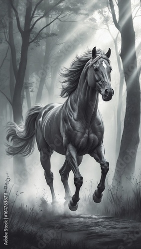 Powerful pencil sketch of a galloping horse through misty woods